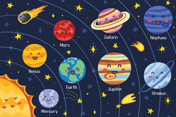 Fototapet Planete de desene animate și stele în spațiu, Fototapet copii, Fototapet populare, u98820 - Tapeko.ro
