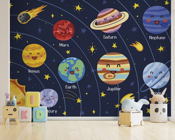 Fototapet Planete de desene animate și stele în spațiu, Fototapet copii, Fototapet populare, u98820 - Tapeko.ro