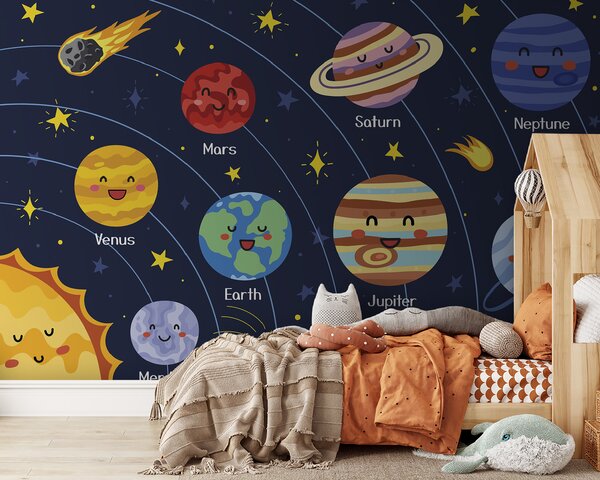 Fototapet Planete de desene animate și stele în spațiu, Fototapet copii, Fototapet populare, u98820 - Tapeko.ro