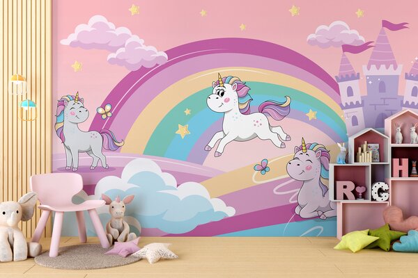 Fototapet Un desen animat unicorni și un curcubeu, Fototapet copii, Fototapet populare, u98583 - Tapeko.ro