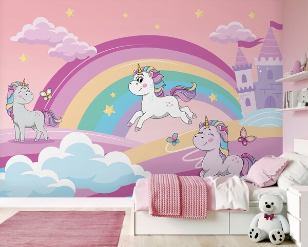 Fototapet Un desen animat unicorni și un curcubeu, Fototapet copii, Fototapet populare, u98583 - Tapeko.ro