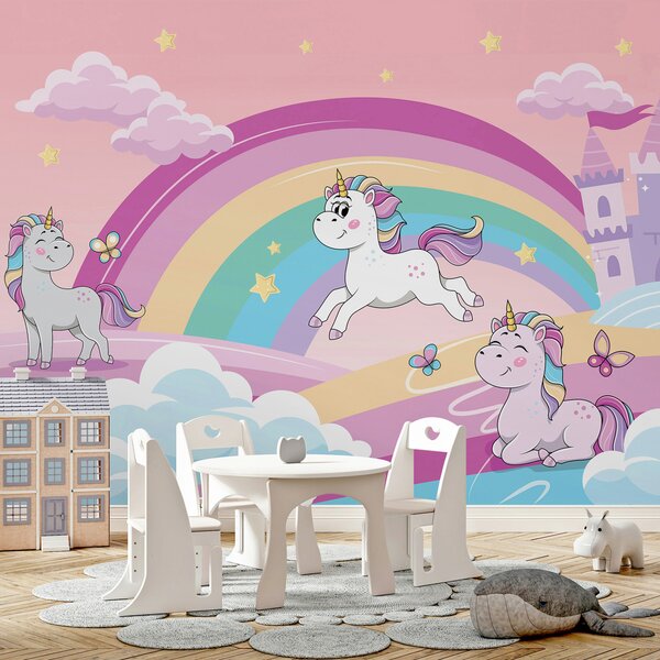 Fototapet Un desen animat unicorni și un curcubeu, Fototapet copii, Fototapet populare, u98583 - Tapeko.ro