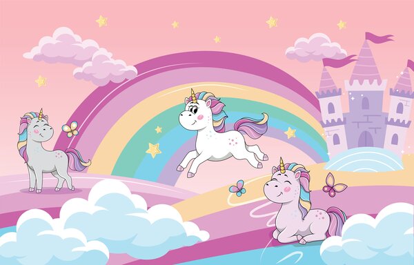 Fototapet Un desen animat unicorni și un curcubeu, Fototapet copii, Fototapet populare, u98583 - Tapeko.ro