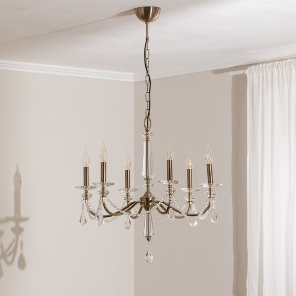 Lucea Candelabru Adone, 6 becuri, alamă, Ø 70 cm, sticlă de cristal, reglabil, Transparent, Camera de zi / sufragerie, Cristal