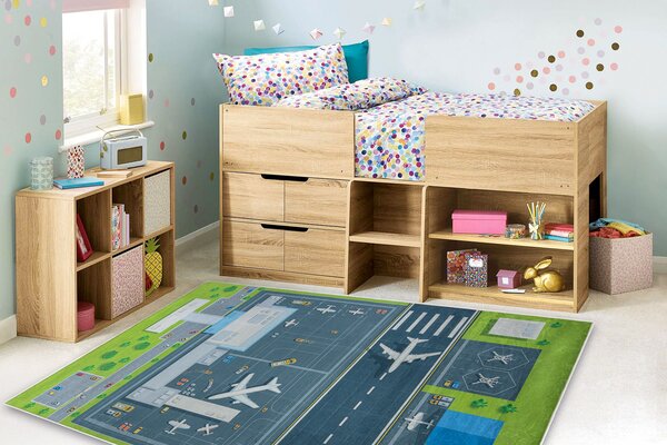BAMBINO 46990 covor lavabil Aeroport, avioane pentru copii anti-alunecare - verde / gri