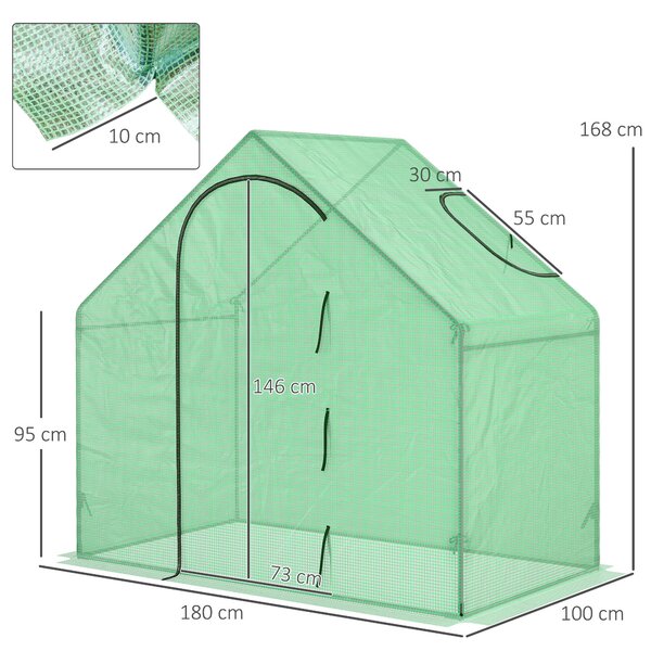 Outsunny Sera Cabina Portabila 180x100cmx168cm, Folie PE, Cadru de Otel, Usa cu Fermoar, Aerisire Superioara, Verde | Aosom Romania