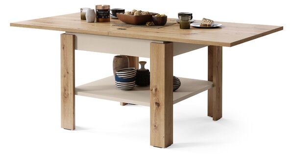 Mazzoni LEO Stejar Artisan/Bej (Șampanie) - MASĂ COMPACTĂ CU BLAT EXTENSIBIL MĂSUȚĂ DE CAFEA