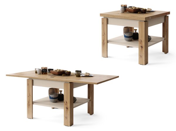 Mazzoni LEO Stejar Artisan/Bej (Șampanie) - MASĂ COMPACTĂ CU BLAT EXTENSIBIL MĂSUȚĂ DE CAFEA
