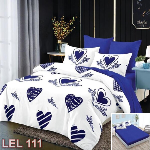 Lenjerie de pat, 2 persoane, finet, 6 piese, cu elastic, alb si albastru, cu inimi albastre LEL111