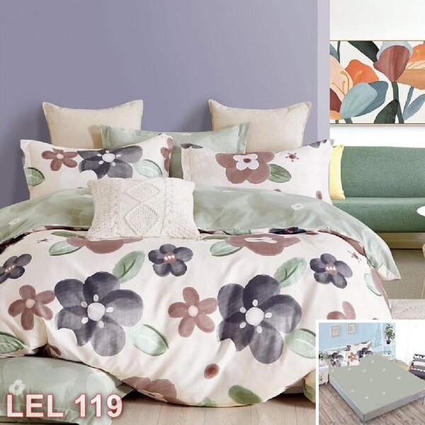 Lenjerie de pat, 2 persoane, finet, 6 piese, cu elastic, crem si verde, cu flori mari LEL119