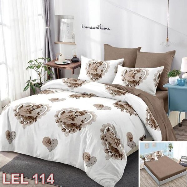 Lenjerie de pat, 2 persoane, finet, 6 piese, cu elastic, alb si maro, cu flori si inimi LEL114