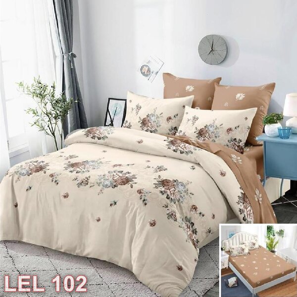 Lenjerie de pat, 2 persoane, finet, 6 piese, cu elastic, crem si maro, cu flori LEL102