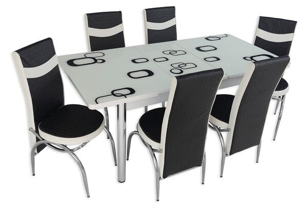 Set masă extensibilă Alb Pătrat cu 6 scaune Negru Alb