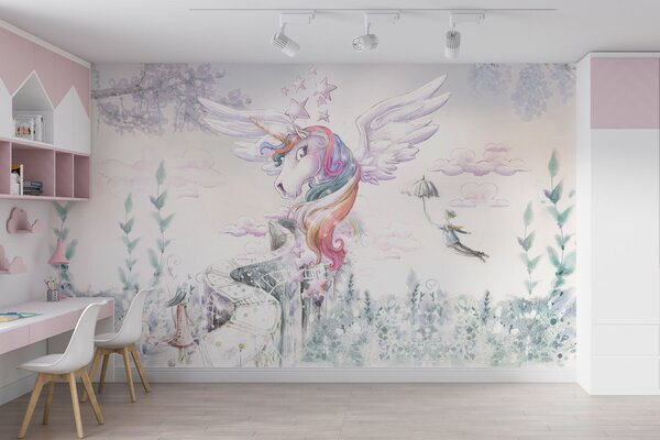 Fototapet Un unicorn cu aripi și o persoană care zboară, Fototapet copii, Fototapet populare, u99213 - Tapeko.ro