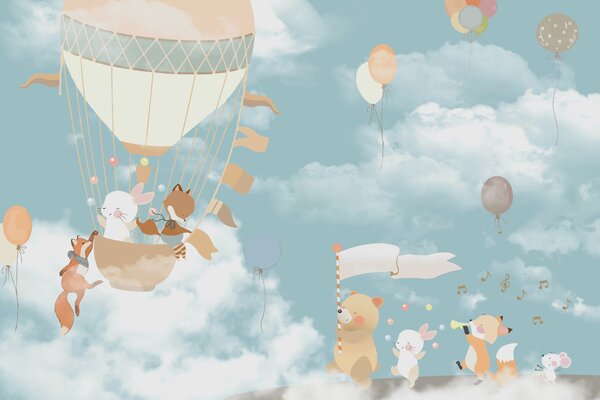 Fototapet Un desen animat de animale într-un balon cu aer cald, Fototapet copii, Fototapet populare, u99004 - Tapeko.ro