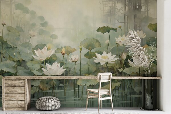 Tapet Flori de lotus în lac, junglă, artă tropicală, verdeață, Fototapet Flori, u99454 : Uwalls.ro