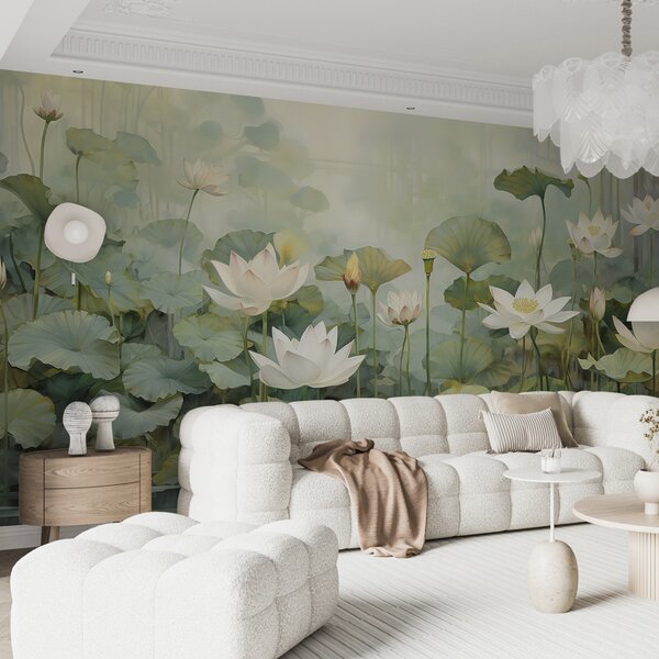 Tapet Flori de lotus în lac, junglă, artă tropicală, verdeață, Fototapet Flori, u99454 : Uwalls.ro