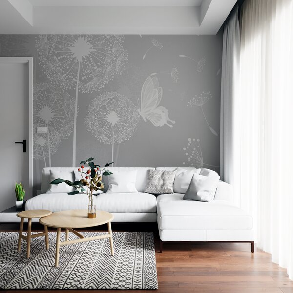 Tapet Păpădii delicate cu fluturi gri, Fototapet Flori, u99597v1 : Uwalls.ro