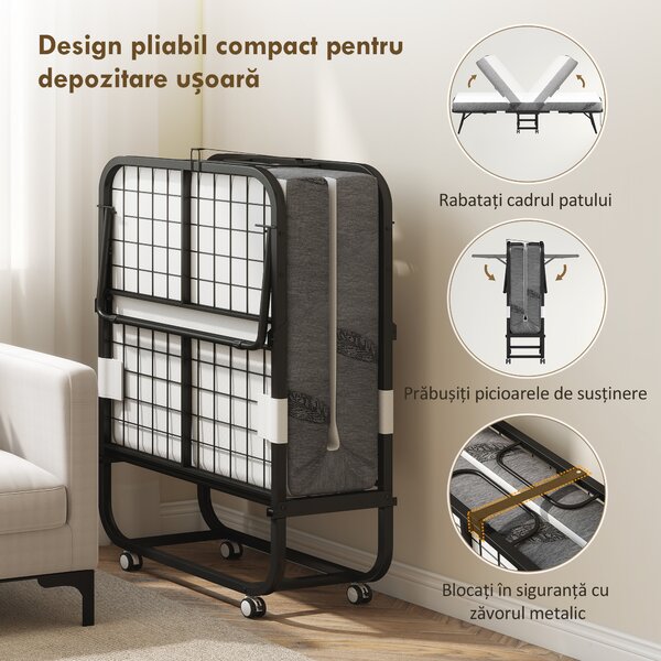 HOMCOM Pat Pliabil Single 90x200 cm cu Saltea de 10 cm Grosime, Cadru din Metal și Roți cu Frână, Negru | Aosom Romania