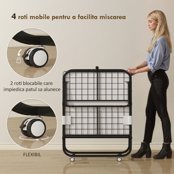 HOMCOM Pat Pliabil Single 90x200 cm cu Saltea de 10 cm Grosime, Cadru din Metal și Roți cu Frână, Negru | Aosom Romania