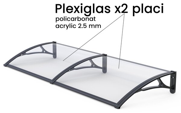 Copertină PRO 200x80 cm din aluminiu și plexiglas – Negru/Transparent