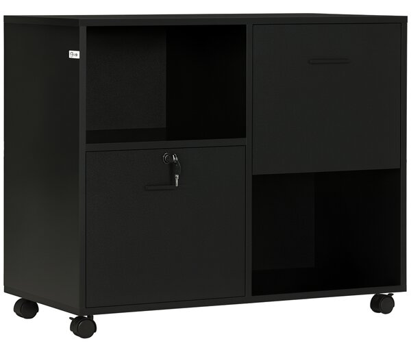 Vinsetto Dulap Mobil de Birou cu 2 Sertare pentru Dosare Rafturi Deschise PAL Manere Oțel Roti Blocare 80x40x66cm Negru | Aosom Romania