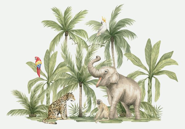 Fototapet Un grup de animale într-o junglă, Fototapet jungle, Fototapet populare, w00084 - Tapeko.ro