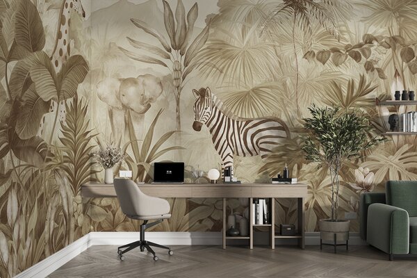 Tapet Jungla pădure, palmieri, girafă, elefant, zebră, acuarelă, culoare bej, bananier, flori, Fototapet Pentru Copii, w00089v1 : Uwalls.ro