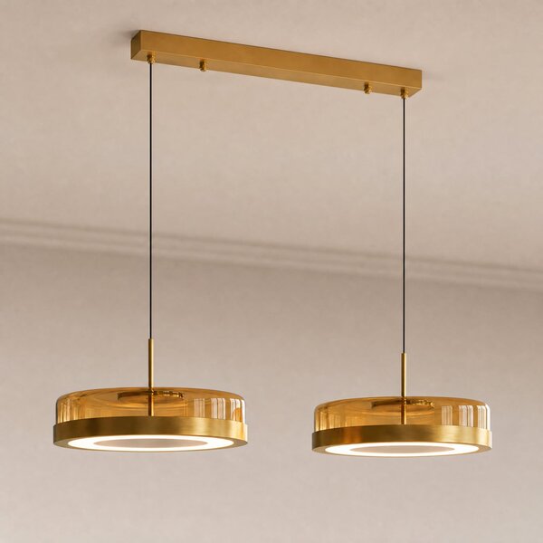 Lucande Lampă suspendată LED La Latta, cu 2 becuri, 80 cm, alamă, sticlă, reglabil, Auriu / Alamă, Sticlă, Design