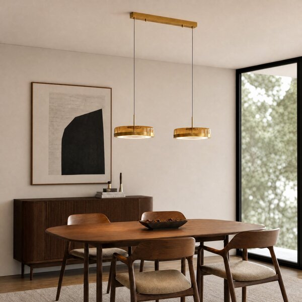 Lucande Lampă suspendată LED La Latta, cu 2 becuri, 80 cm, alamă, sticlă, reglabil, Auriu / Alamă, Sticlă, Design