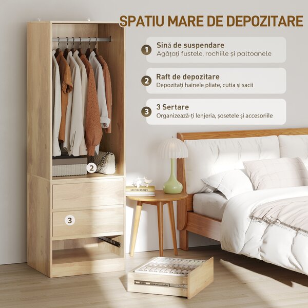 HOMCOM Dulap pentru Haine cu Bară pentru Umerașe, Raft Deschis și 3 Sertare, 60x48.5x185 cm, Maro | Aosom Romania