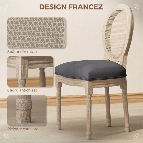 HOMCOM Set 2 Scaune de Dining Vintage, Material cu Efect de In, Spătar din Ratan Perforat, Picioare din Lemn, Gri | Aosom Romania
