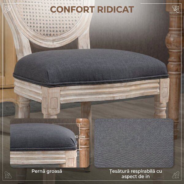 HOMCOM Set 2 Scaune de Dining Vintage, Material cu Efect de In, Spătar din Ratan Perforat, Picioare din Lemn, Gri | Aosom Romania
