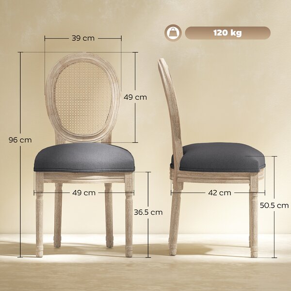 HOMCOM Set 2 Scaune de Dining Vintage, Material cu Efect de In, Spătar din Ratan Perforat, Picioare din Lemn, Gri | Aosom Romania