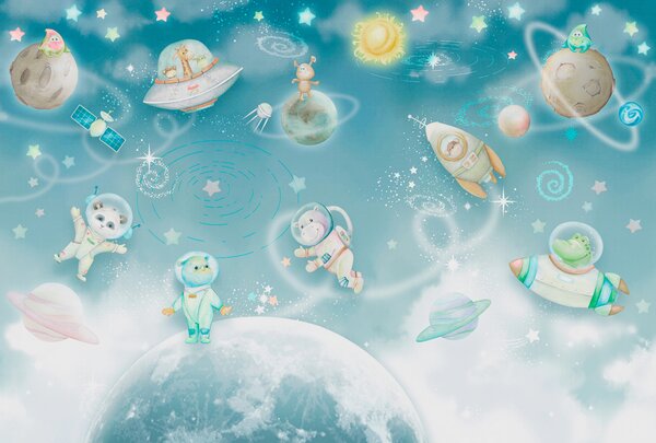 Fototapet O scenă spațială de desene animate cu planete și stele, Fototapet spațiu cosmic, Fototapet populare, w00343 - Tapeko.ro