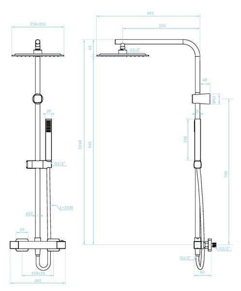 Kuchinox Cubi, set de duș cu baterie termostatică, duș fix și duș manual, negru mat, LAV-PKU_70TD