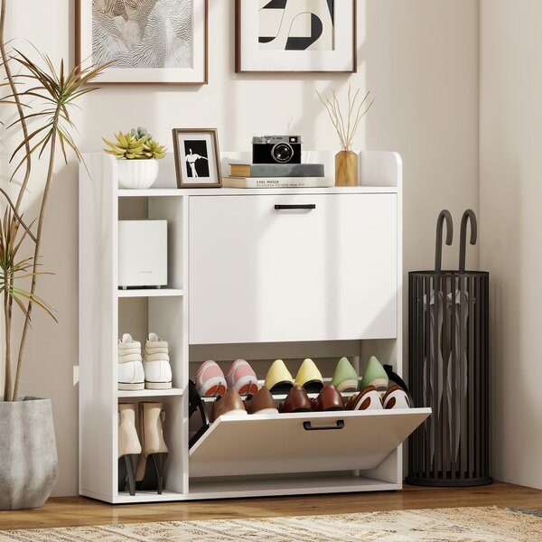 HOMCOM Dulap pentru pantofi slim cu 2 sertare rabatabile și 3 rafturi, Capacitate 15 perechi, 83x24x90.5 cm, Alb | Aosom Romania