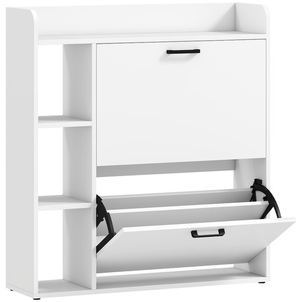 HOMCOM Dulap pentru pantofi slim cu 2 sertare rabatabile și 3 rafturi, Capacitate 15 perechi, 83x24x90.5 cm, Alb | Aosom Romania