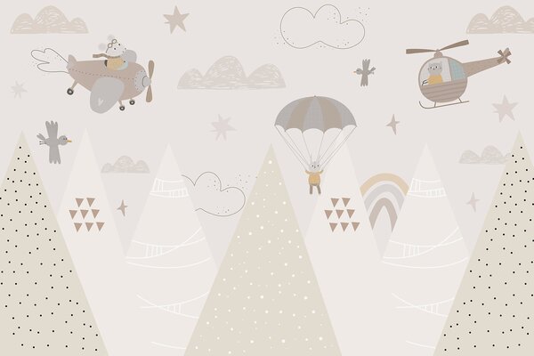 Tapet Munți bej cu elicopter, avion și animale, Fototapet Pentru Copii, Fototapet pentru camera unui nou-născut, w00414 : Uwalls.ro