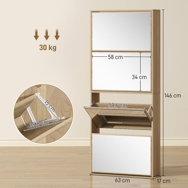 HOMCOM Dulap pentru Încălțăminte Slim cu 4 Uși și Oglindă 63x17x146 cm Culoare Lemn | Aosom Romania
