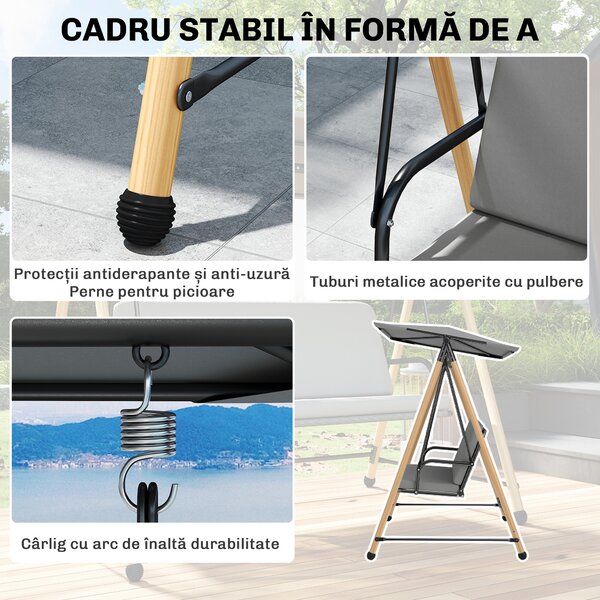 Outsunny Balansoar de Grădină cu 3 Locuri, cu Copertină Reglabilă Impermeabilă și Pernă Detașabilă, Capacitate Maximă 360 kg, 208 x 125 x 180 cm, Gri | Aosom Romania