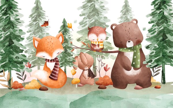 Fototapet Un grup de animale într-o pădure, Fototapet copii, Fototapet populare, w00562 - Tapeko.ro