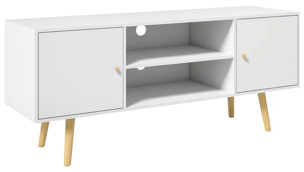 HOMCOM Cabinet TV 55" cu 2 Dulapuri, Uși și 2 Rafturi Deschise, Consolă TV din Lemn și PAL, 120x34x50 cm, Alb | Aosom Romania