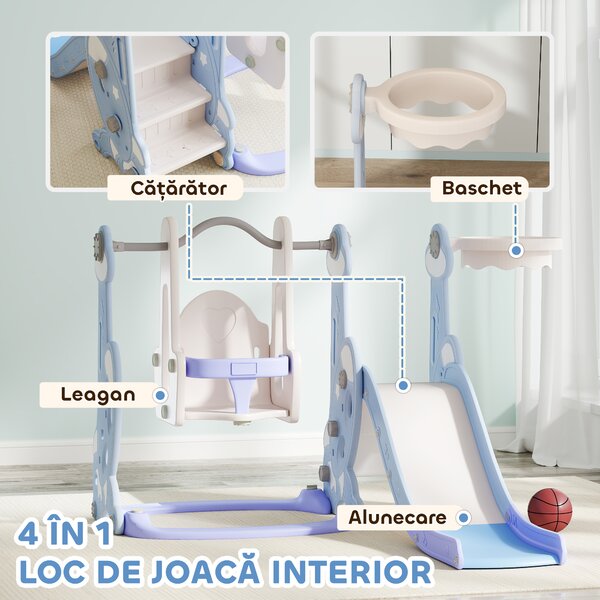 AIYAPLAY Tobogan pentru Copii 4 în 1 cu Scară de Cățărare și Coș de Baschet, 147.5x160x107 cm, Albastru Deschis | Aosom Romania