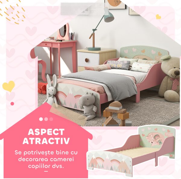 ZONEKIZ Pat pentru Copii 3-6 Ani cu Margini Înălțate și Model cu Animale, 77x143x60 cm, Roz | Aosom Romania