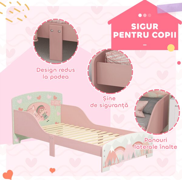 ZONEKIZ Pat pentru Copii 3-6 Ani cu Margini Înălțate și Model cu Animale, 77x143x60 cm, Roz | Aosom Romania