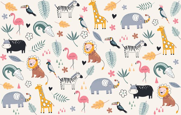 Tapet animale, lei, girafe, elefanți, frunze, camera copilului, Fototapet Pentru Copii, w00555 : Uwalls.ro