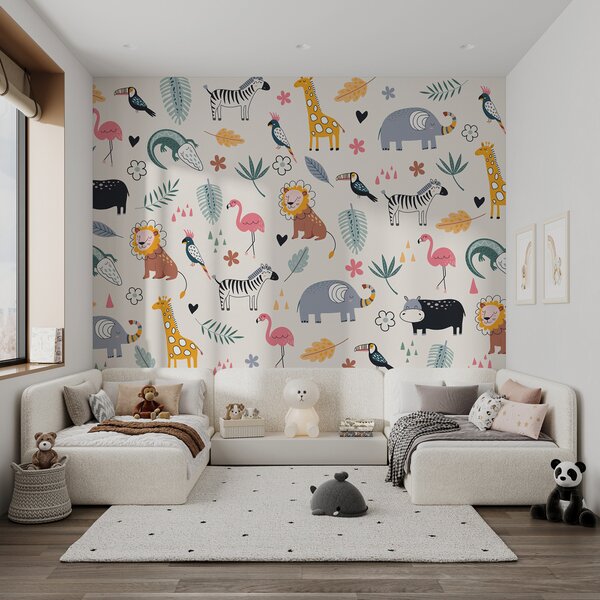 Tapet animale, lei, girafe, elefanți, frunze, camera copilului, Fototapet Pentru Copii, w00555 : Uwalls.ro