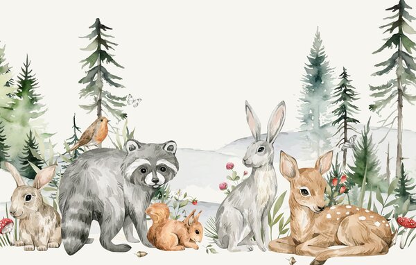 Fototapet Un grup de animale într-o pădure, Fototapet animale, Fototapet populare, w00704 - Tapeko.ro