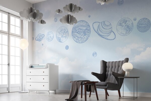 Tapet Planete plutitoare pe un cer înnorat, pastelat și eteric, Fototapet Spaţiu, w00738 : Uwalls.ro